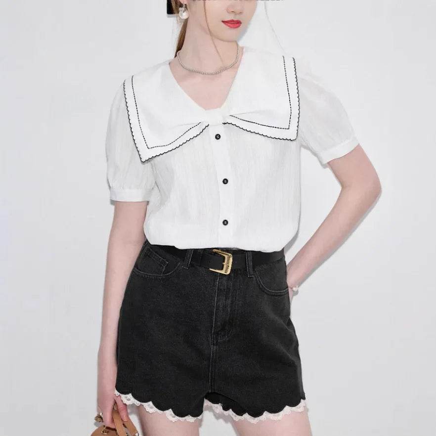 Women’s White Bubble Sleeve Shirt with Butterfly Knot – Chic Style - MODISH X