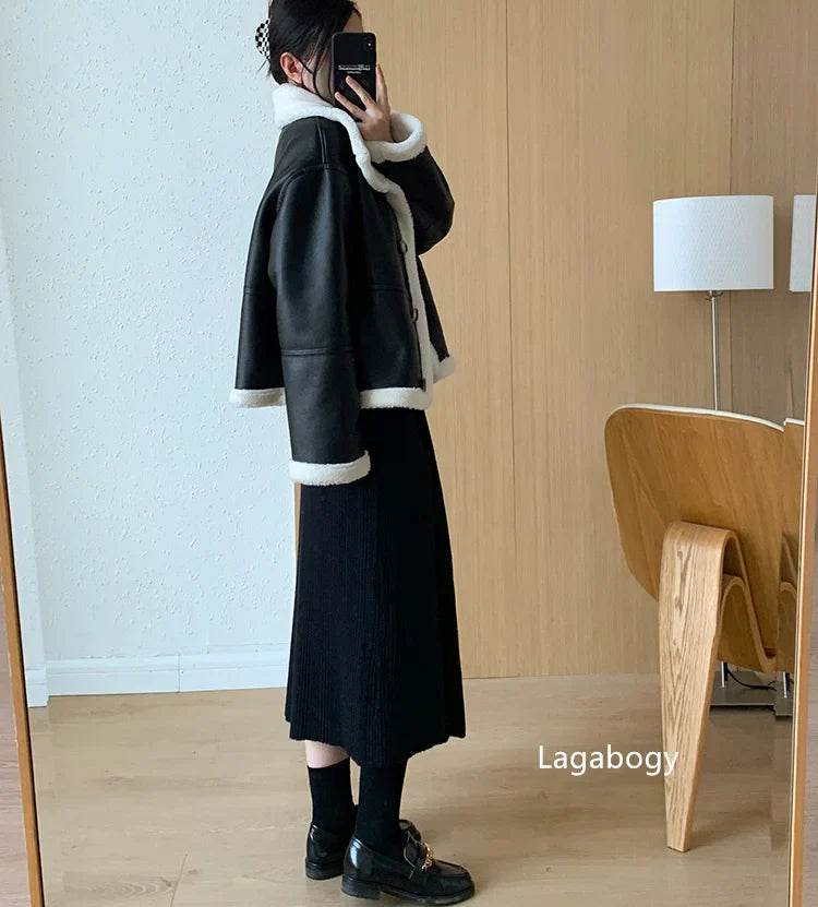 Lagabogy 2024 Winter New Faux Fur Fleece Short Coats Women Simple Stand Collar Lamb Wool Coat Office Lady Solid Color PU Jacket - MODISH X