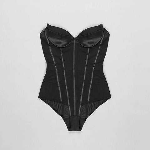 MSMUSI 2024 New Fashion Women Sexy Black Strapless Lace Mesh Sleeveless Backless Bodycon Party Slim Bodysuit Celebrate Vestidos - MODISH X