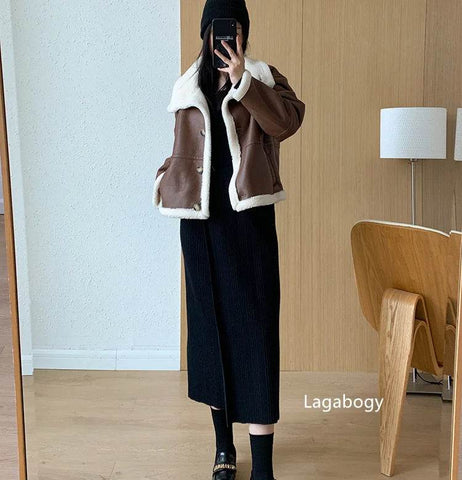Lagabogy 2024 Winter New Faux Fur Fleece Short Coats Women Simple Stand Collar Lamb Wool Coat Office Lady Solid Color PU Jacket - MODISH X