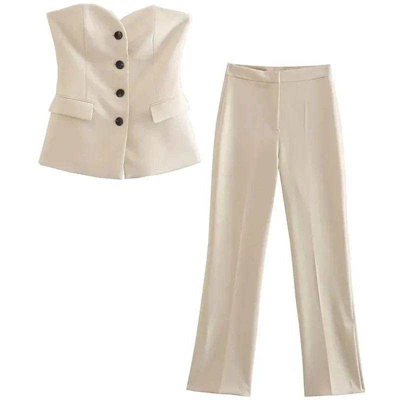 Women’s Elegant Front Button Strapless Pant Suit Set – Chic & Classy - MODISH X