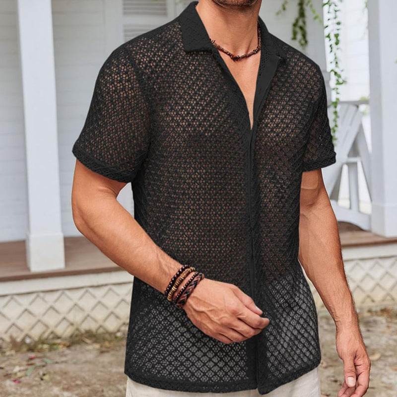 Men’s Summer Mesh Lapel Shirt – Solid Color Beach Style Essentials - MODISH X