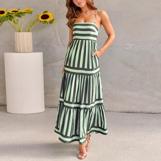 Women's Striped Suspender Long Dress – Stylish Summer Glam Look