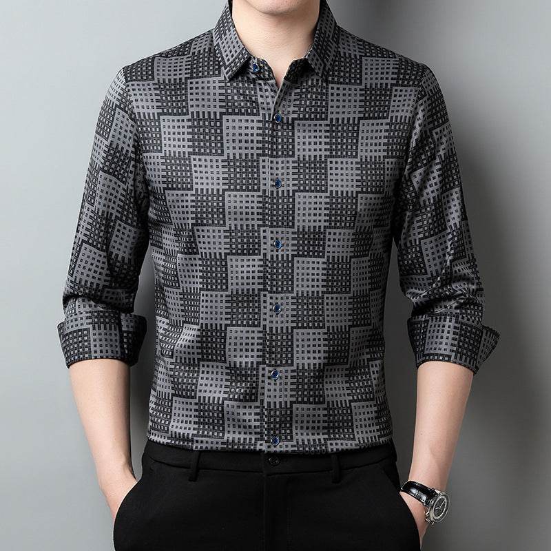 Men’s Long Sleeve T-Shirt – Trendy Plaid Lapel Shirt - MODISH X