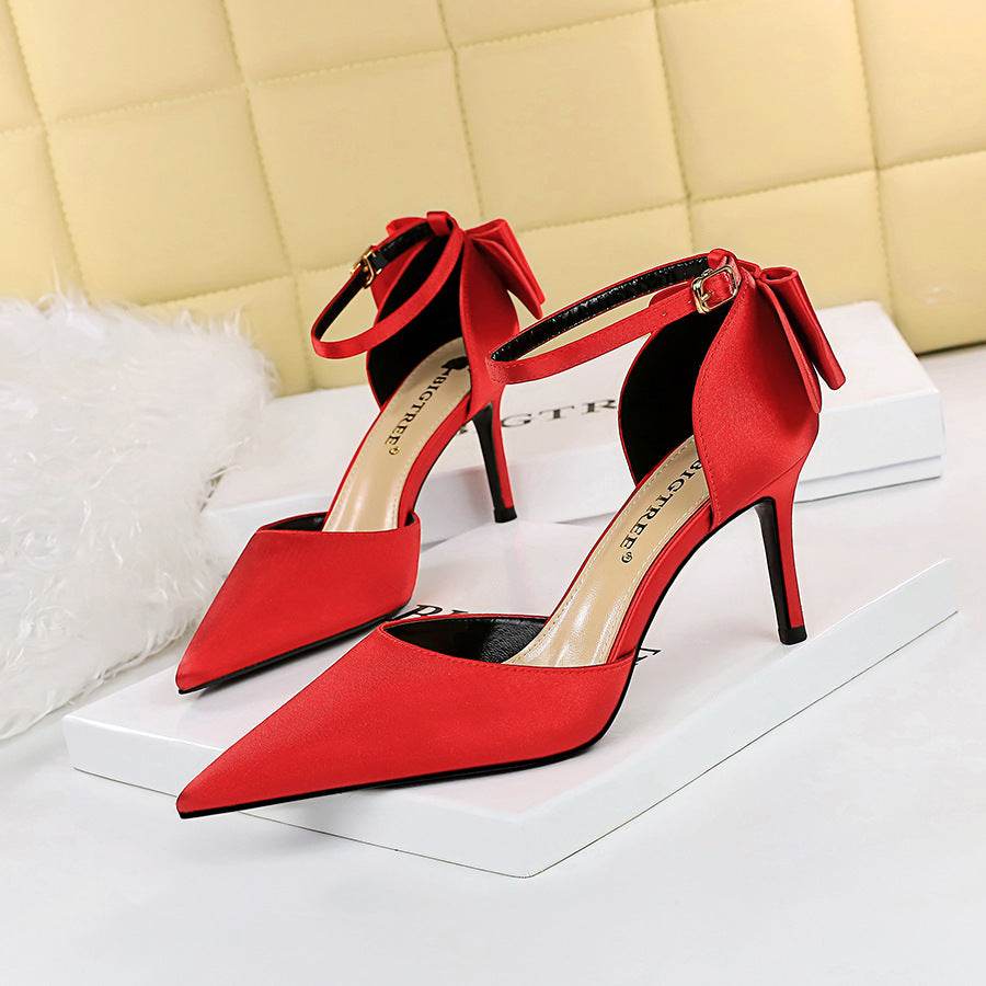 Women's Satin Stiletto Heels – Elegant Bow High Heel Sandals - MODISH X
