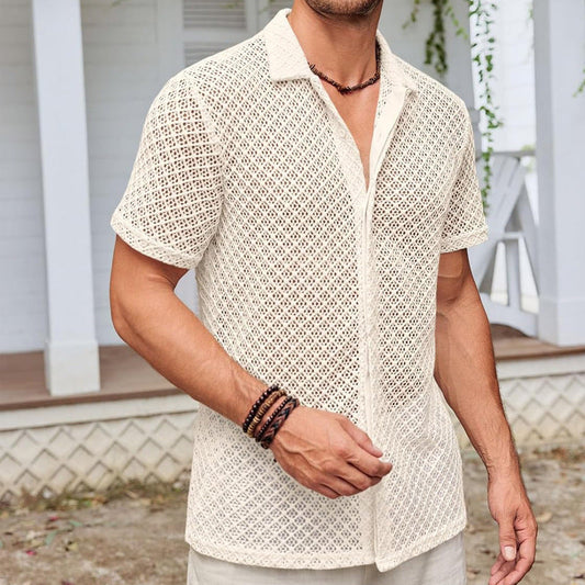 Men’s Summer Mesh Lapel Shirt – Solid Color Beach Style Essentials