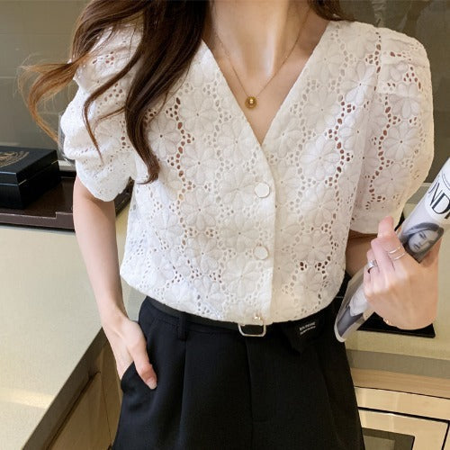 Women's V-Neck Puff Sleeve Lace Shirt – Elegant & Hollowed-Out Style