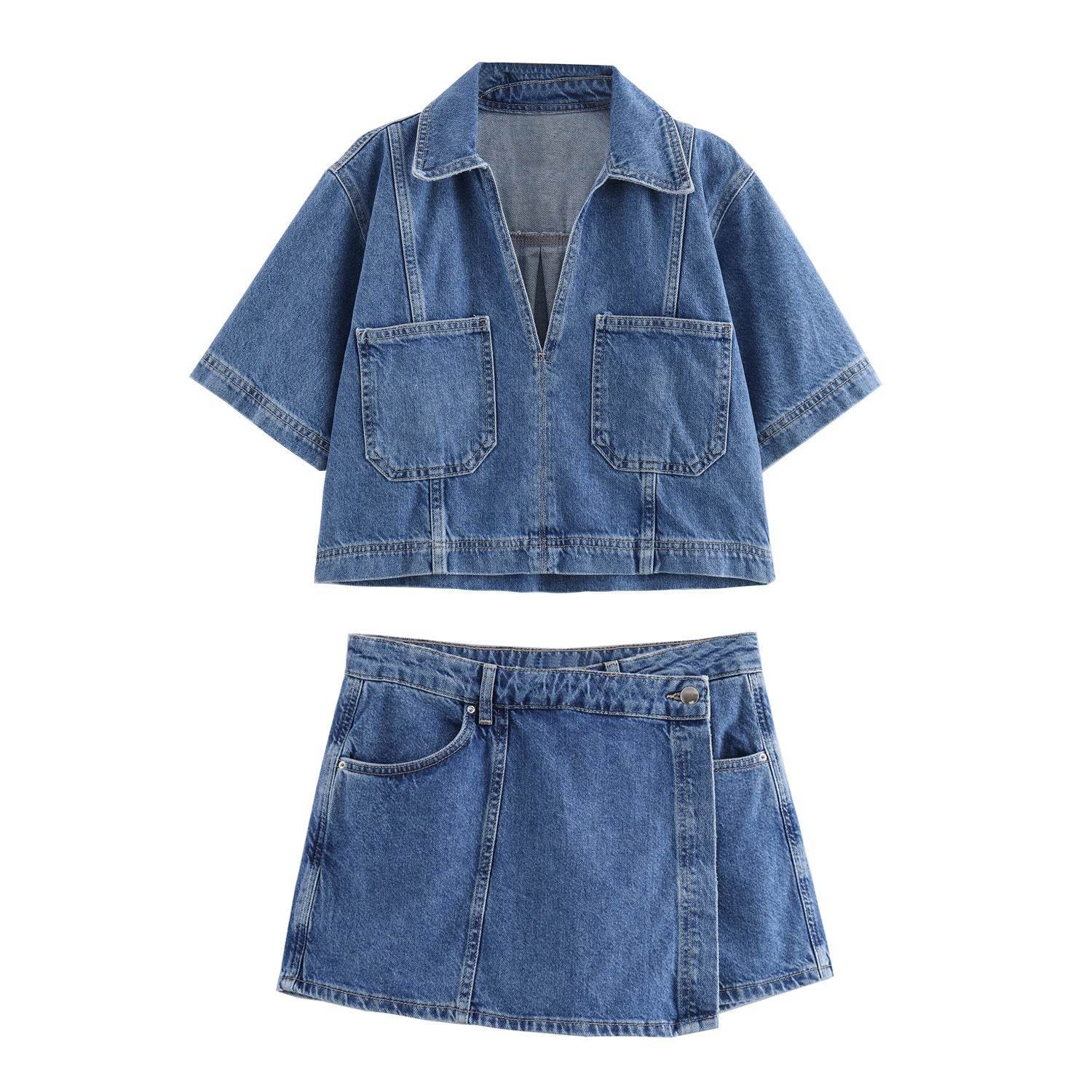 Women's Double-Breasted Denim Culottes Suit – Chic UK Style - MODISH X