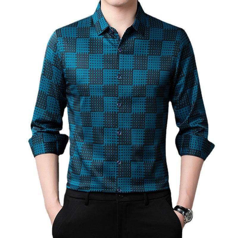 Men’s Long Sleeve T-Shirt – Trendy Plaid Lapel Shirt - MODISH X