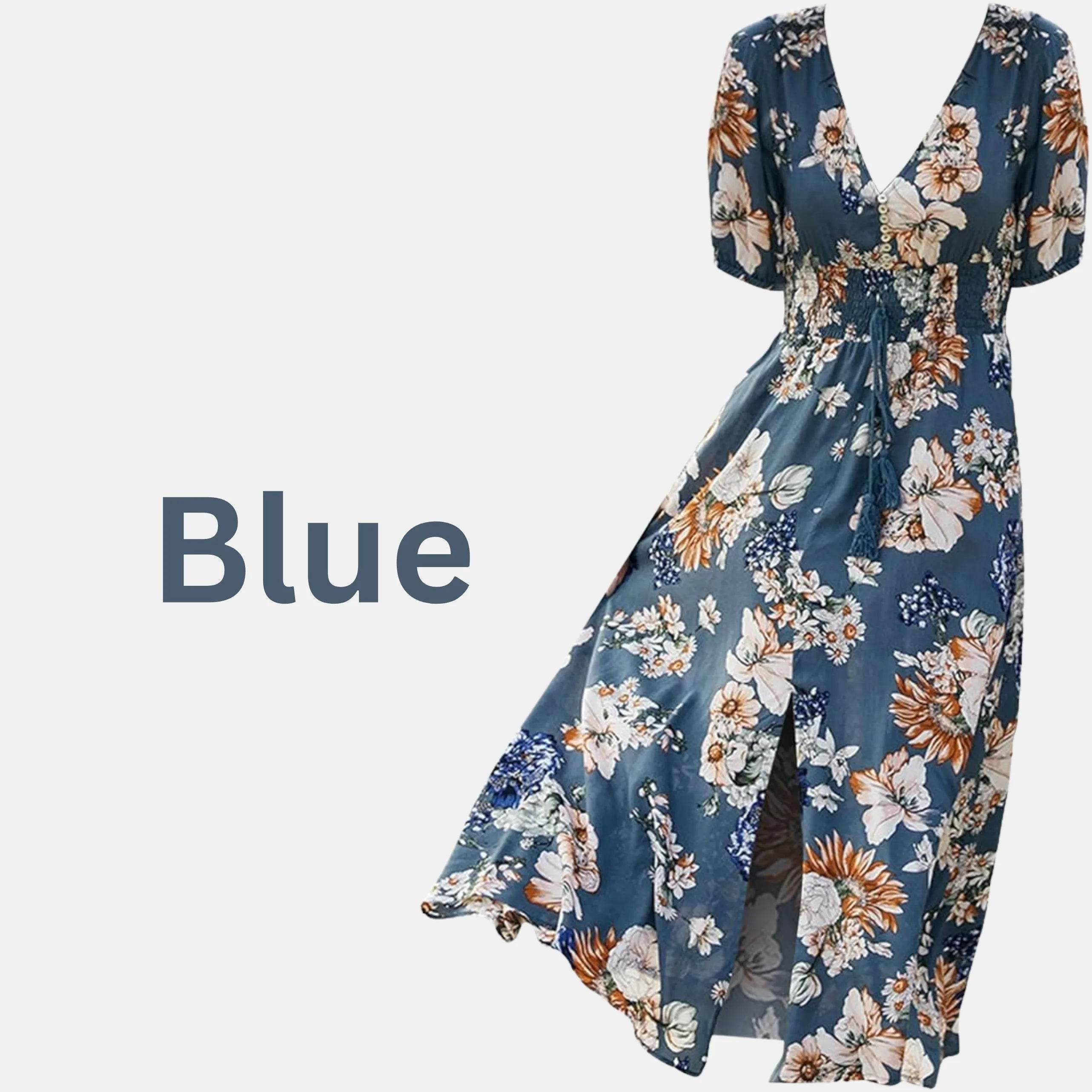 Women's Floral Summer Beach Dress – V-Neck Elastic Waist Style - MODISH X