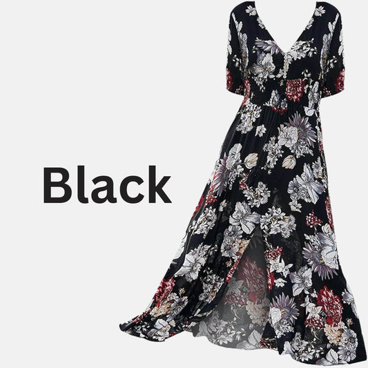 Women's Floral Summer Beach Dress – V-Neck Elastic Waist Style - MODISH X