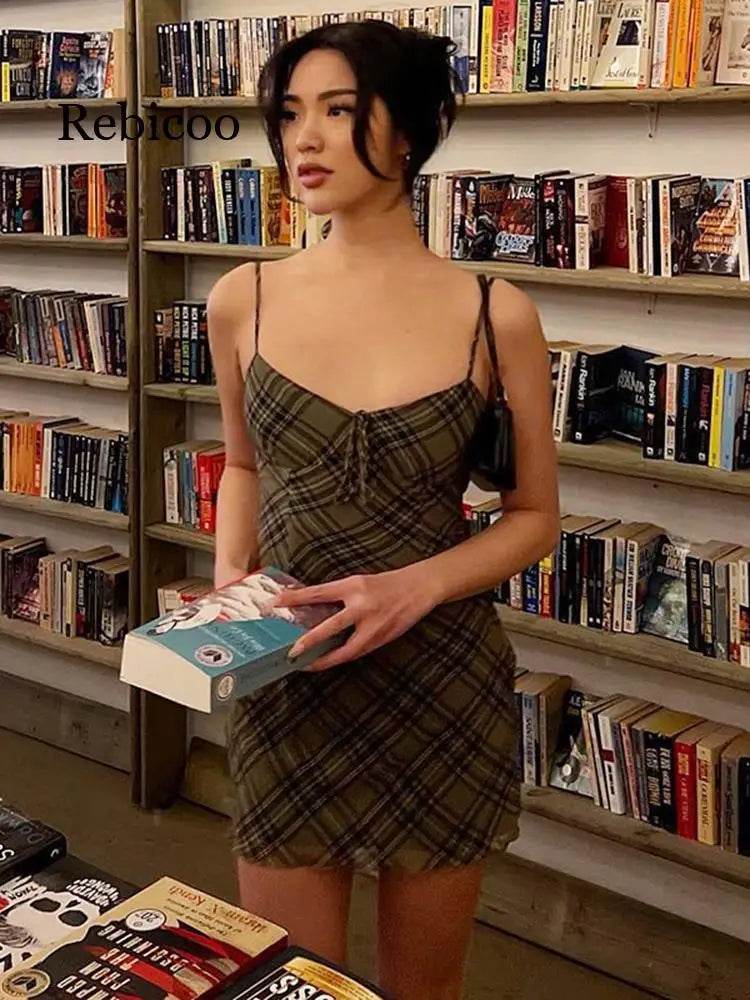 Women’s Summer Retro Checkered Dress – Slimming V-Neck & Strappy - MODISH X 