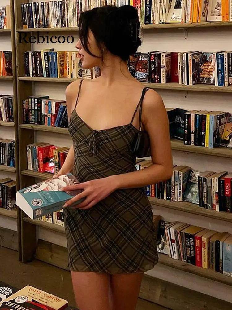 Women’s Summer Retro Checkered Dress – Slimming V-Neck & Strappy - MODISH X 