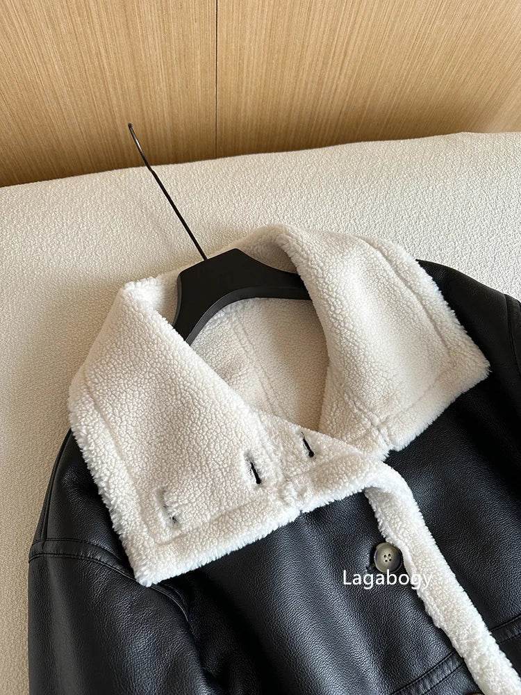 Lagabogy 2024 Winter New Faux Fur Fleece Short Coats Women Simple Stand Collar Lamb Wool Coat Office Lady Solid Color PU Jacket - MODISH X 