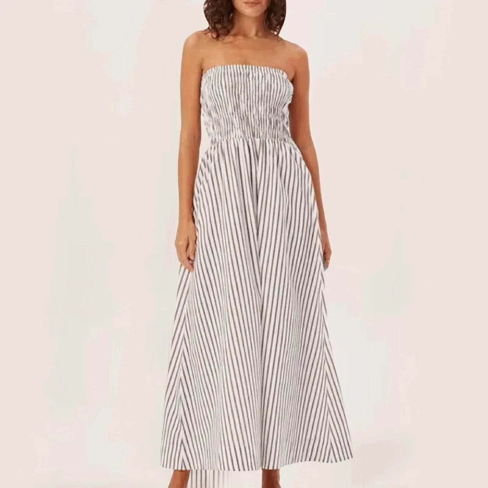 Women’s Striped Maxi Wrap Dress – Sleeveless Smocked Summer Fit - MODISH X 
