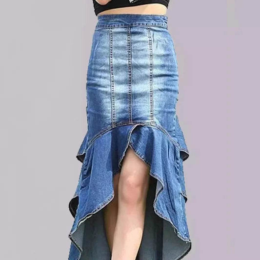 Women’s High-Low Waist Ruffled Denim Skirt – Stylish UK Fashion - MODISH X 