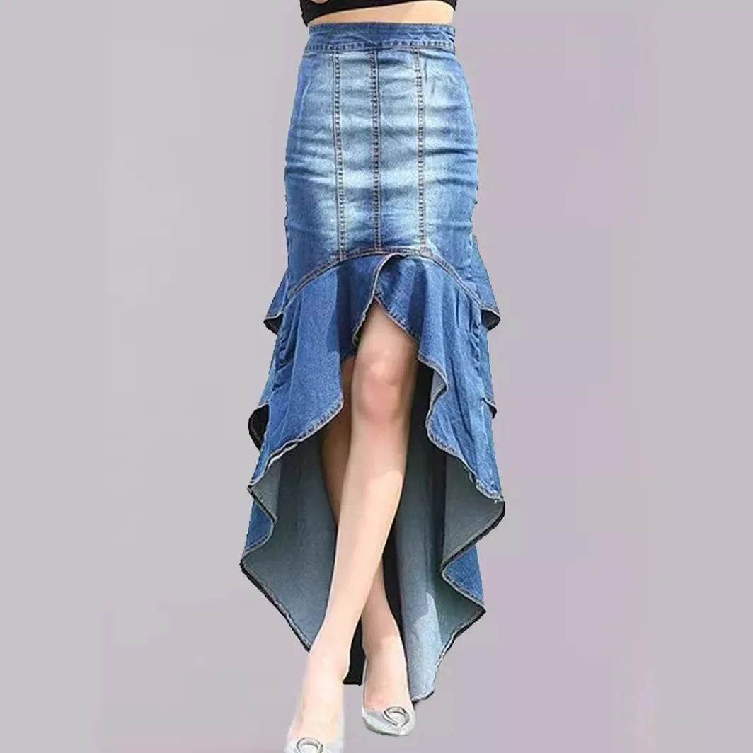 Women’s High-Low Waist Ruffled Denim Skirt – Stylish UK Fashion - MODISH X 
