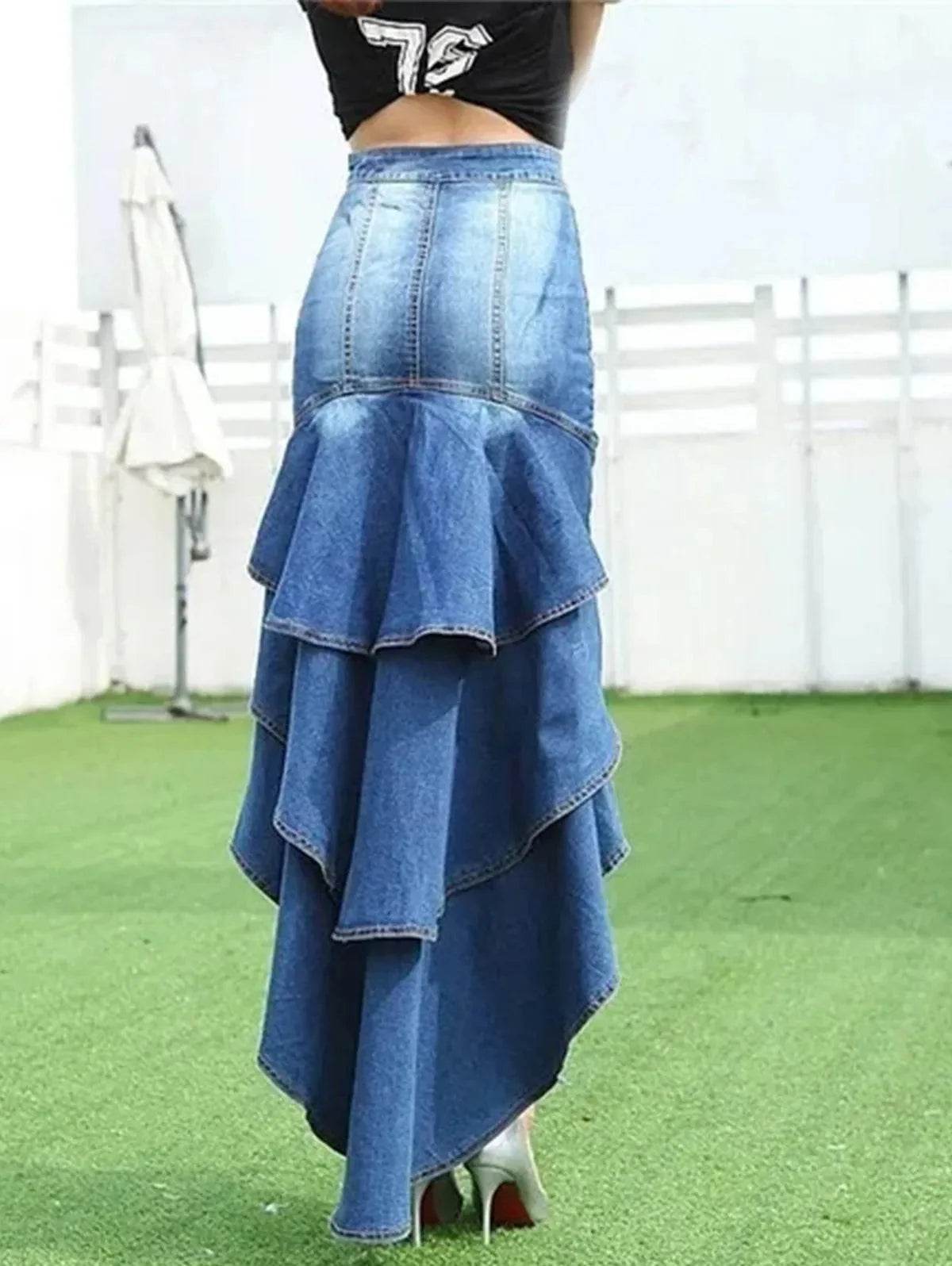 Women’s High-Low Waist Ruffled Denim Skirt – Stylish UK Fashion - MODISH X 