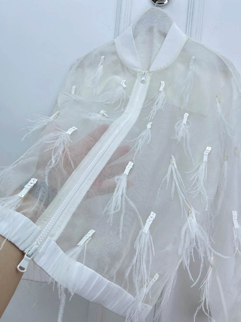 Women’s French Style 100% Silk Feather Jacket – Elegant Spring Look - MODISH X 