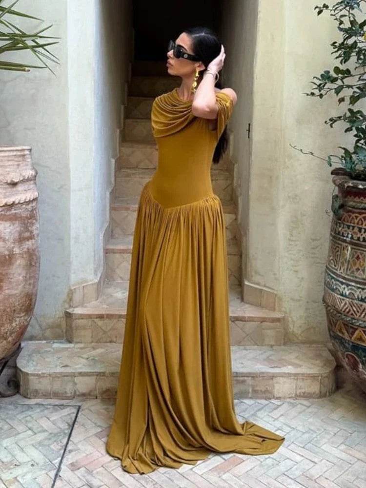 Women’s Retro One Shoulder Ruched Maxi Dress – Elegant Holiday Look - MODISH X 