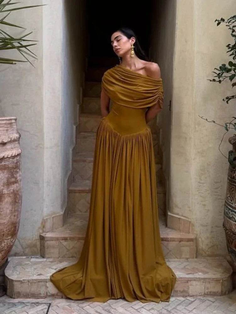 Women’s Retro One Shoulder Ruched Maxi Dress – Elegant Holiday Look - MODISH X 