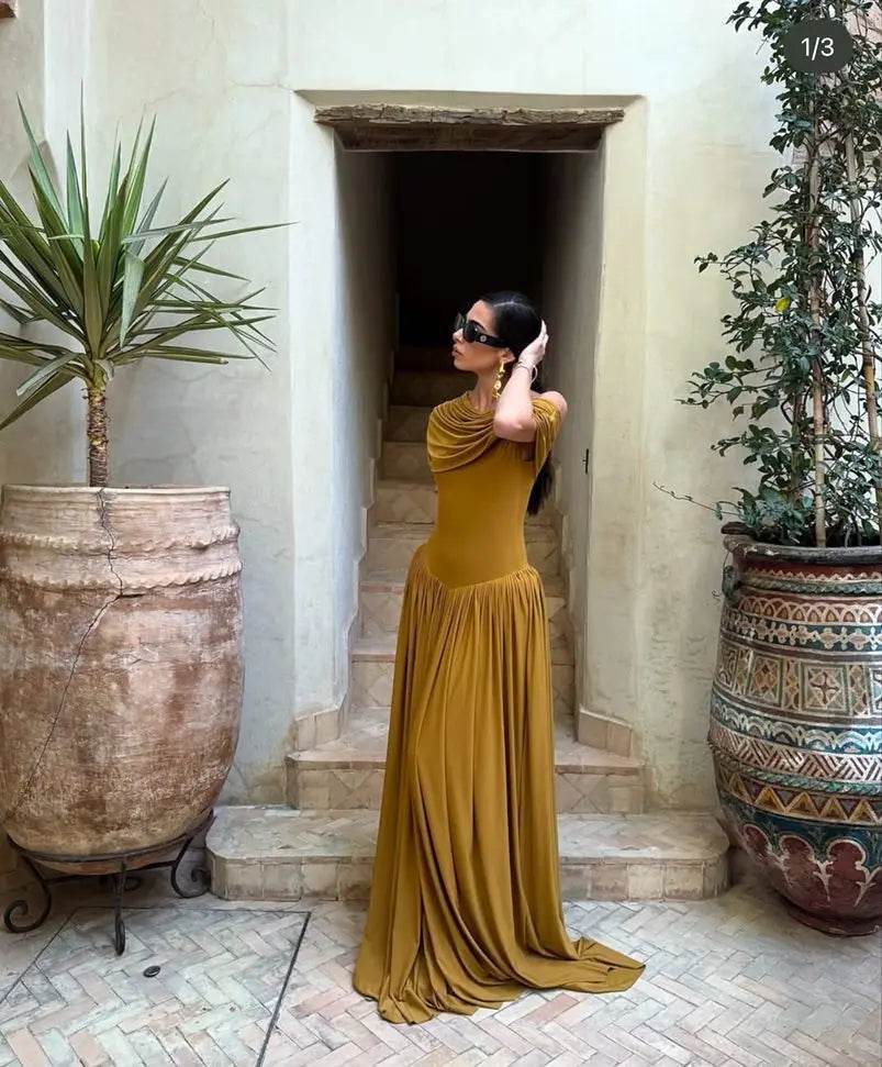 Women’s Retro One Shoulder Ruched Maxi Dress – Elegant Holiday Look - MODISH X 