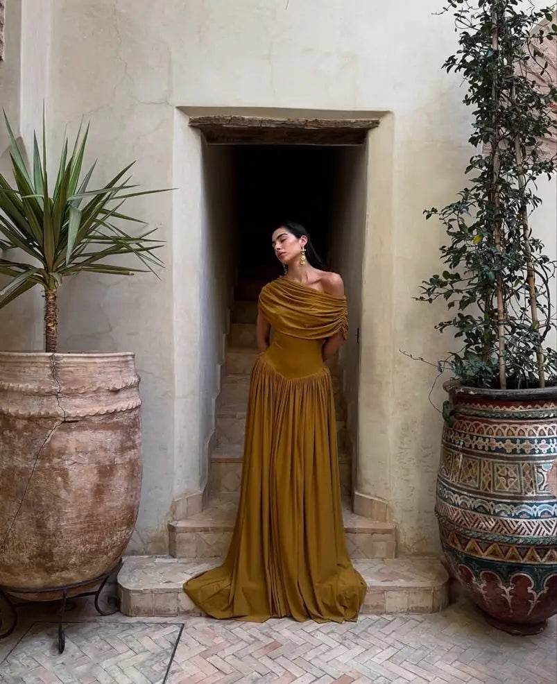 Women’s Retro One Shoulder Ruched Maxi Dress – Elegant Holiday Look - MODISH X 