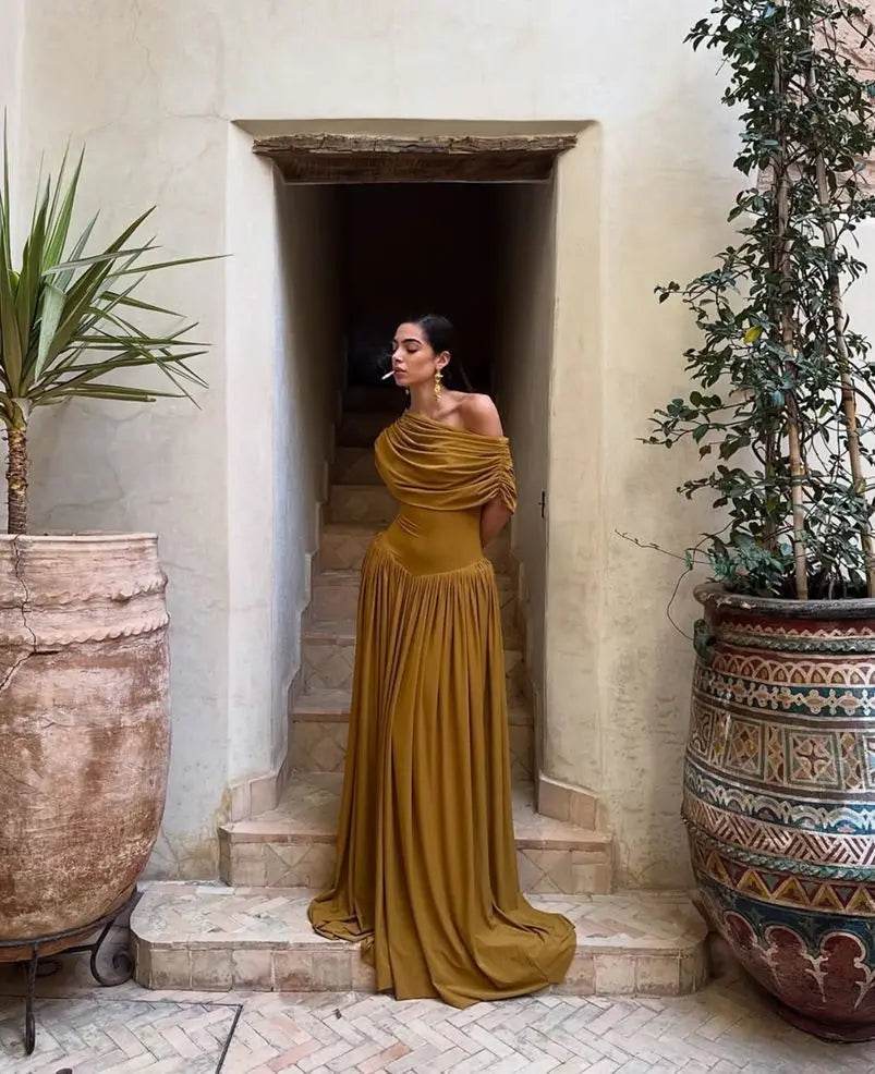 Women’s Retro One Shoulder Ruched Maxi Dress – Elegant Holiday Look - MODISH X 