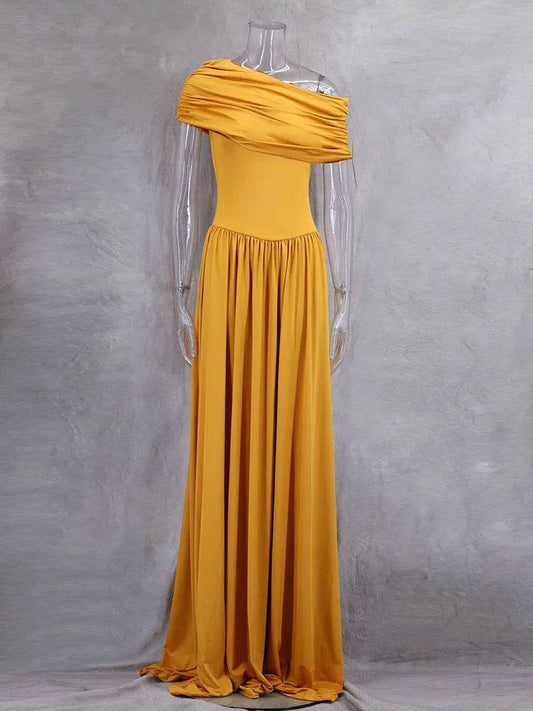 Women’s Retro One Shoulder Ruched Maxi Dress – Elegant Holiday Look - MODISH X 
