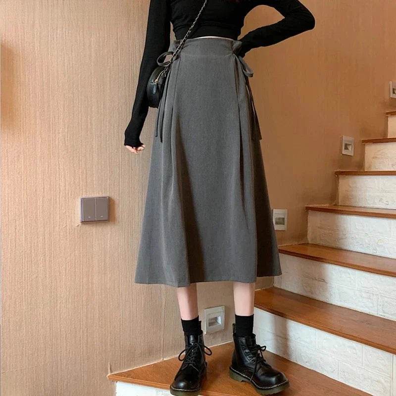 Women’s Korean A-Line Midi Skirt – High-Waist Lace-Up Design & Chic - MODISH X 