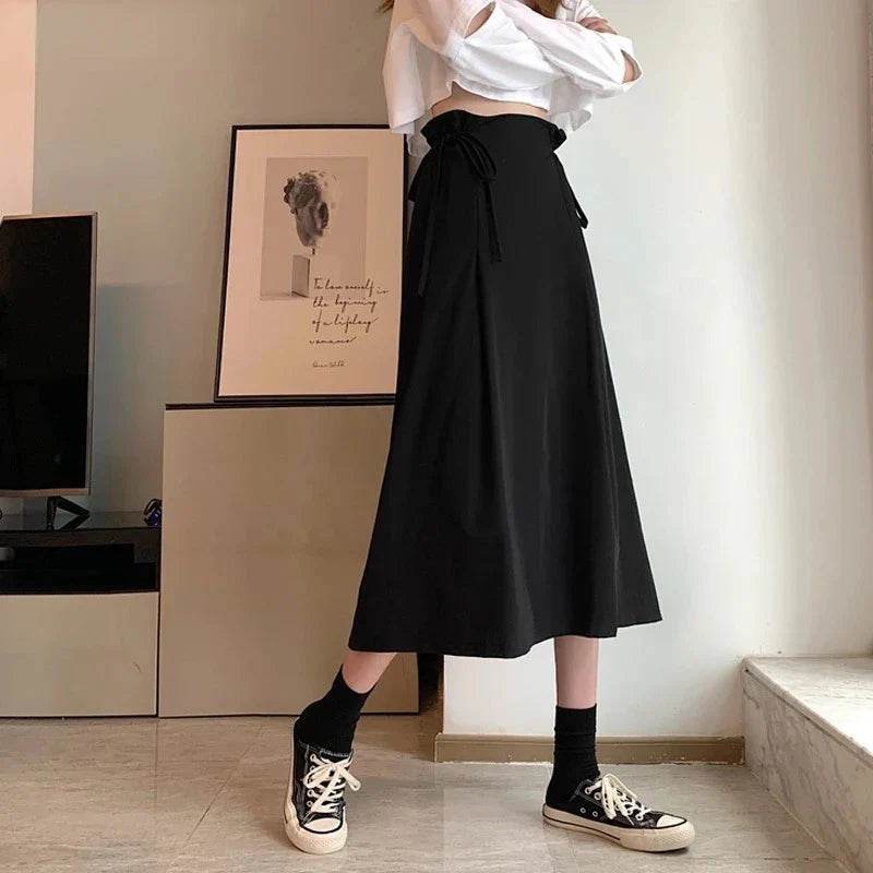 Women’s Korean A-Line Midi Skirt – High-Waist Lace-Up Design & Chic - MODISH X 