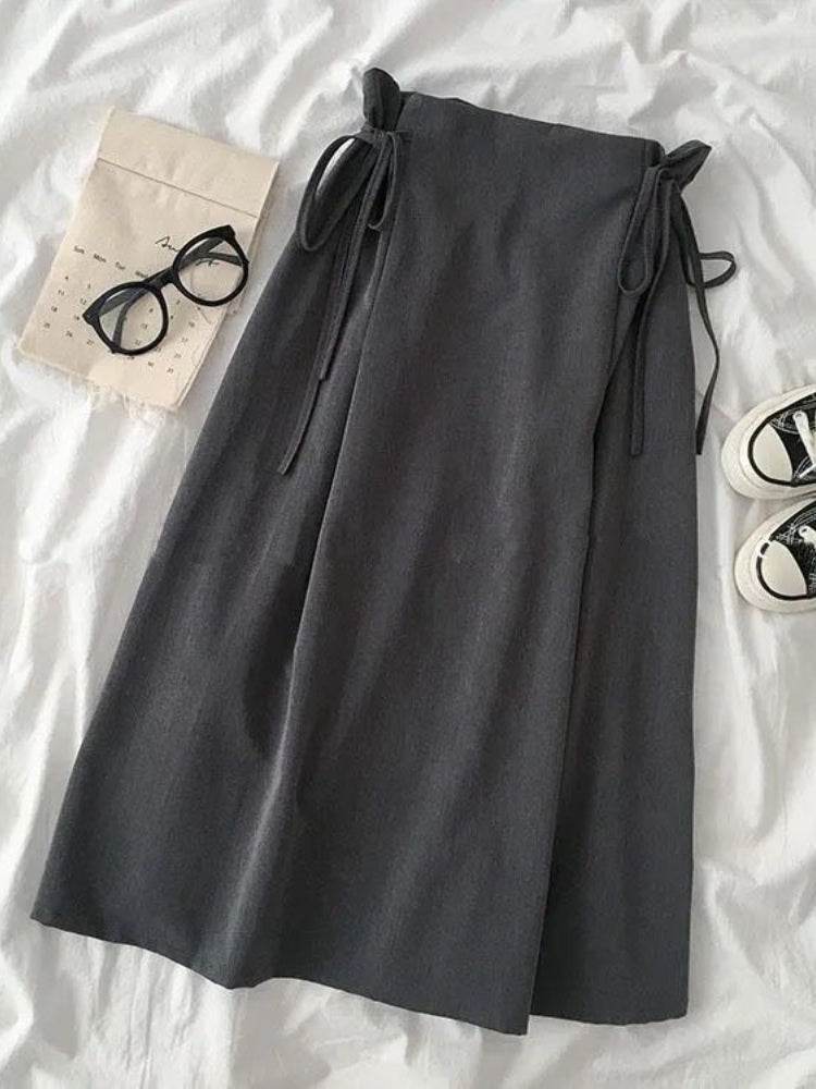 Women’s Korean A-Line Midi Skirt – High-Waist Lace-Up Design & Chic - MODISH X 