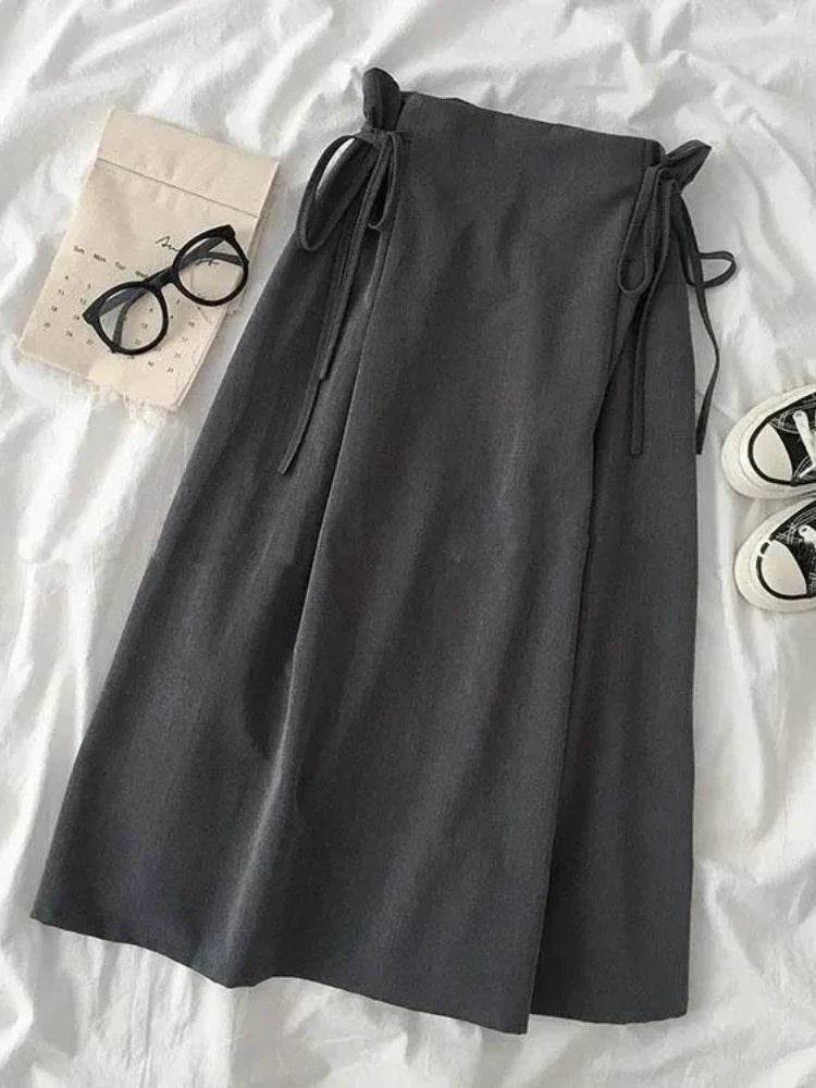 Women’s Korean A-Line Midi Skirt – High-Waist Lace-Up Design & Chic - MODISH X 