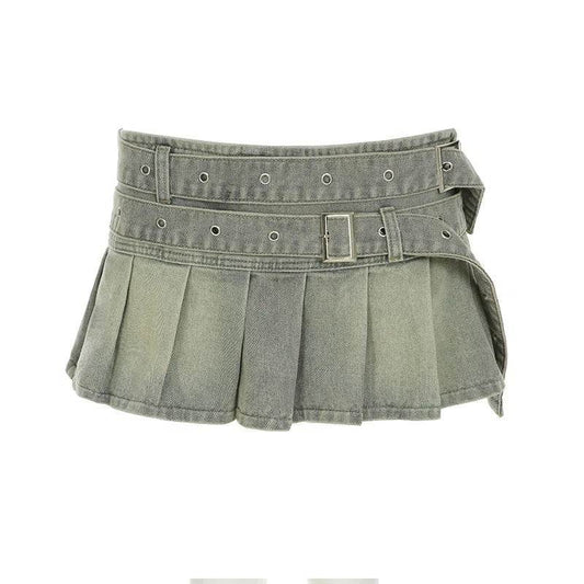 Women’s Vintage Low Waist Denim Skirt with Statement Belt – Chic Style - MODISH X 