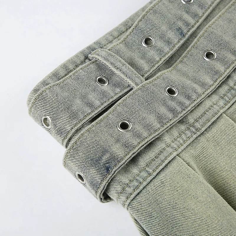 Women’s Vintage Low Waist Denim Skirt with Statement Belt – Chic Style - MODISH X 
