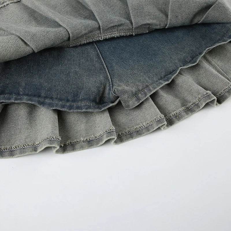 Women’s Vintage Low Waist Denim Skirt with Statement Belt – Chic Style - MODISH X 
