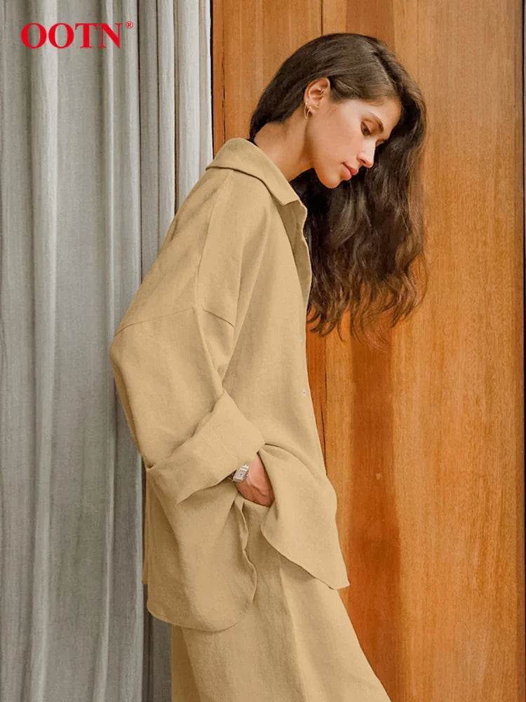 Women’s Khaki Linen 2-Piece Set – Stylish Summer Shirt & Pants Combo - MODISH X 