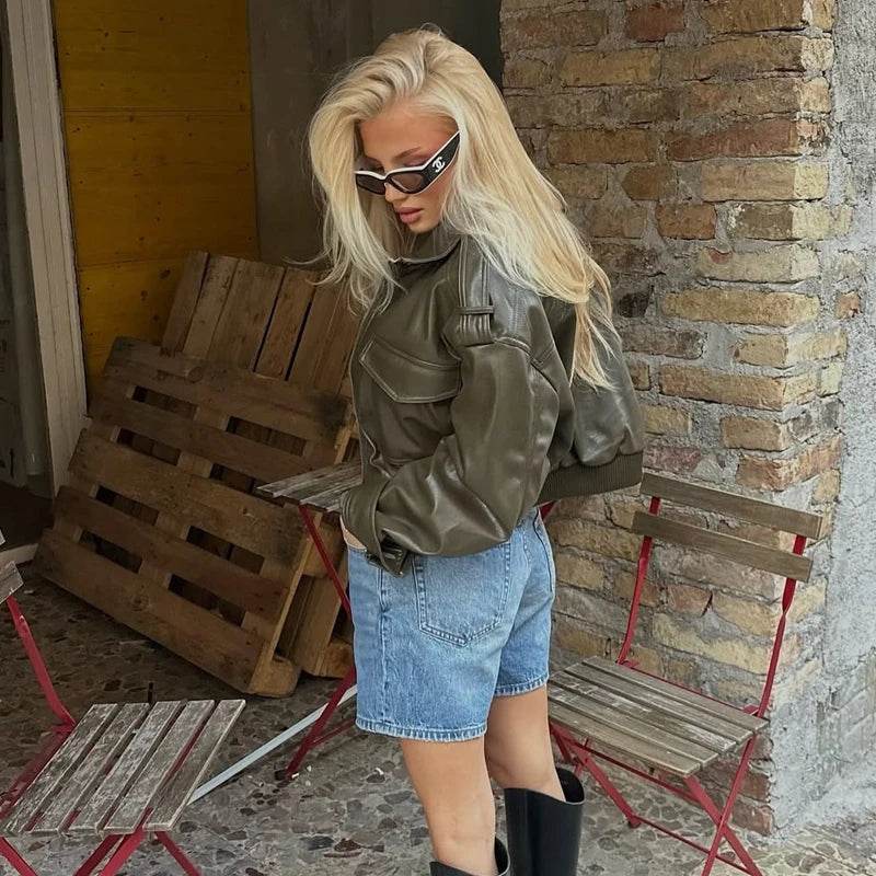 Women’s Faux Leather Cropped Bomber Jacket – Moto Edge Style - MODISH X 