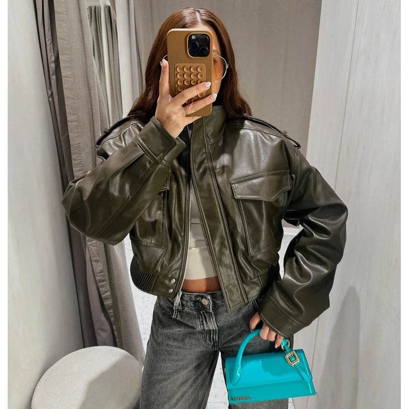 Women’s Faux Leather Cropped Bomber Jacket – Moto Edge Style - MODISH X 
