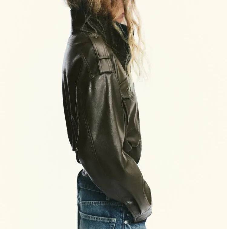 Women’s Faux Leather Cropped Bomber Jacket – Moto Edge Style - MODISH X 