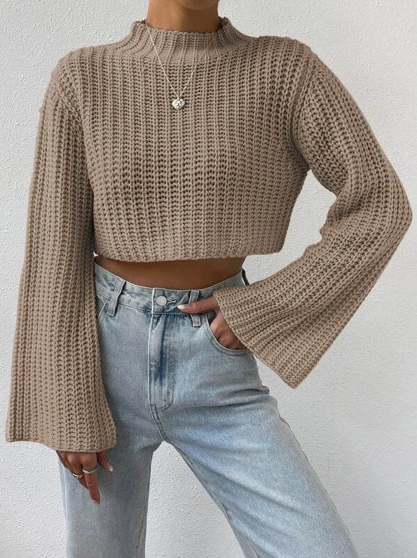 Trendy Women’s High-Waist Bell Sleeve Sweater – Stylish & Cozy - MODISH X 