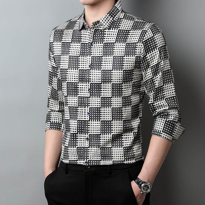 Men’s Long Sleeve T-Shirt – Trendy Plaid Lapel Shirt - MODISH X 