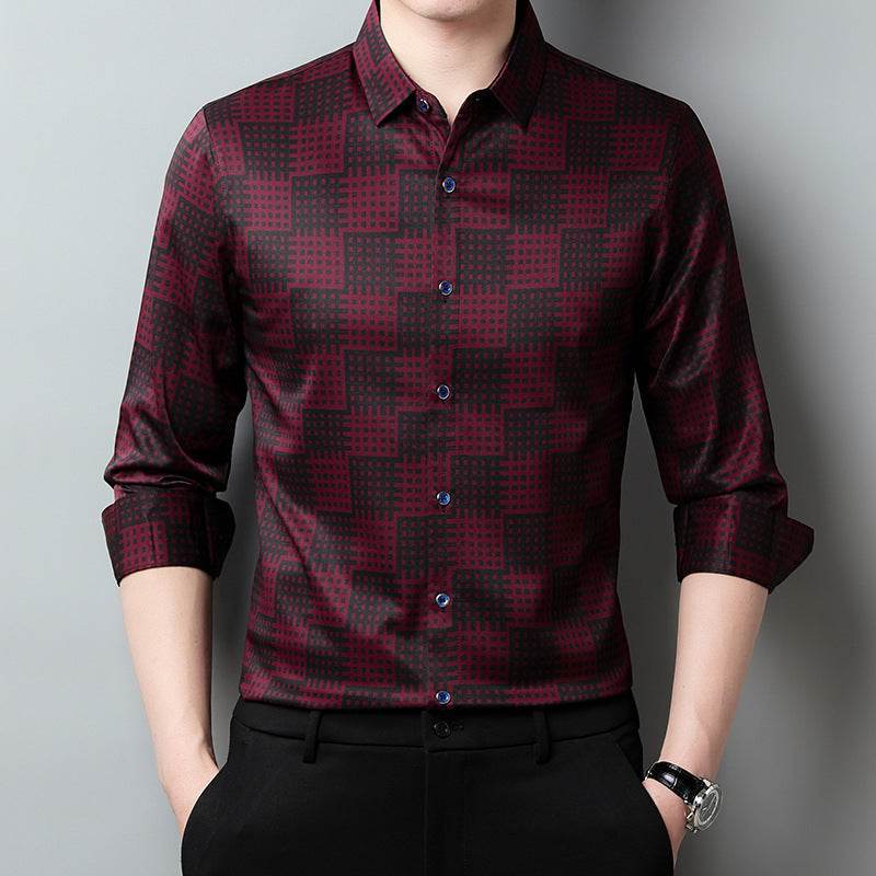 Men’s Long Sleeve T-Shirt – Trendy Plaid Lapel Shirt - MODISH X 