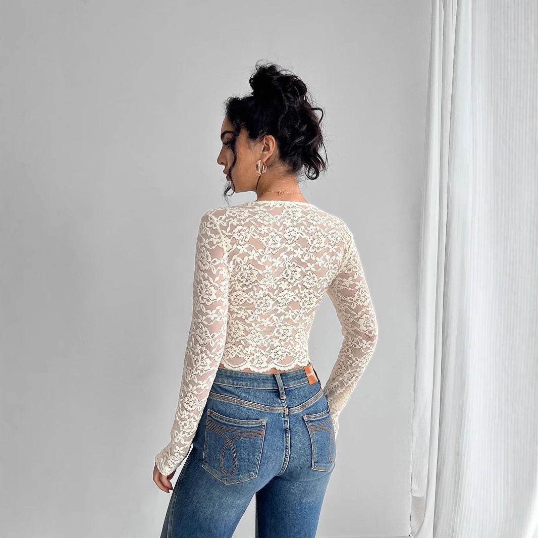 Women's Solid Lace V-Neck Long Sleeve Top – Elegant & Slim Fit - MODISH X 