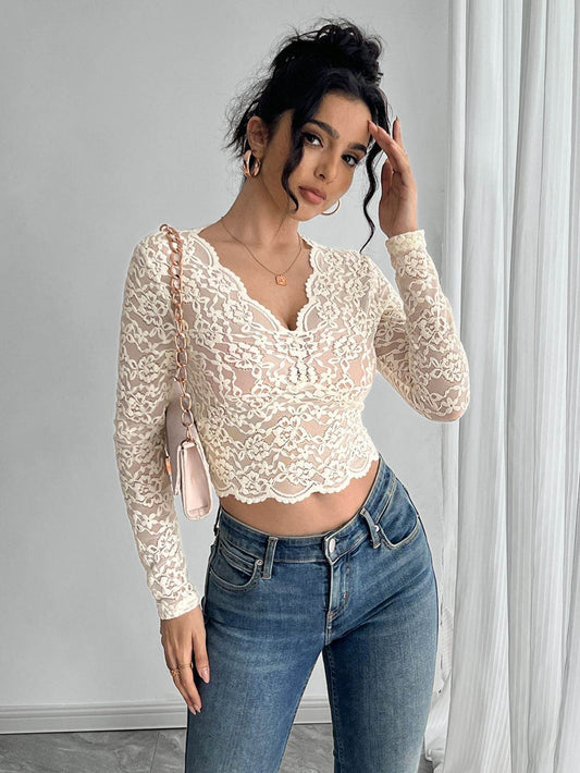 Women's Solid Lace V-Neck Long Sleeve Top – Elegant & Slim Fit - MODISH X 