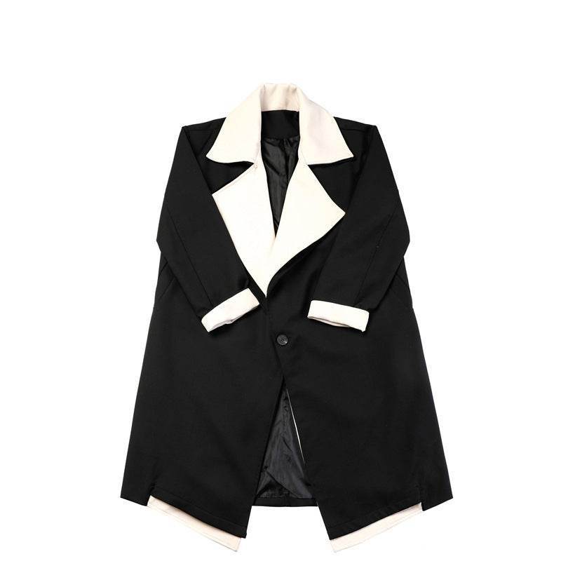 Fashionable Contrast Color Large Lapel Mix And Match Bandage Dress Fake Two-piece Suit Coat - MODISH X 