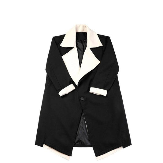 Fashionable Contrast Color Large Lapel Mix And Match Bandage Dress Fake Two-piece Suit Coat - MODISH X 