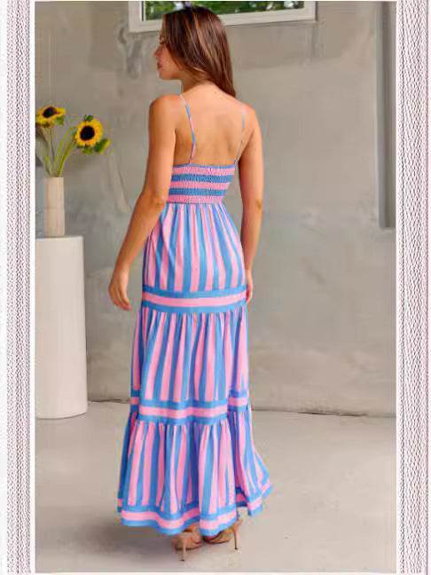 Women's Striped Suspender Long Dress – Stylish Summer Glam Look - MODISH X 