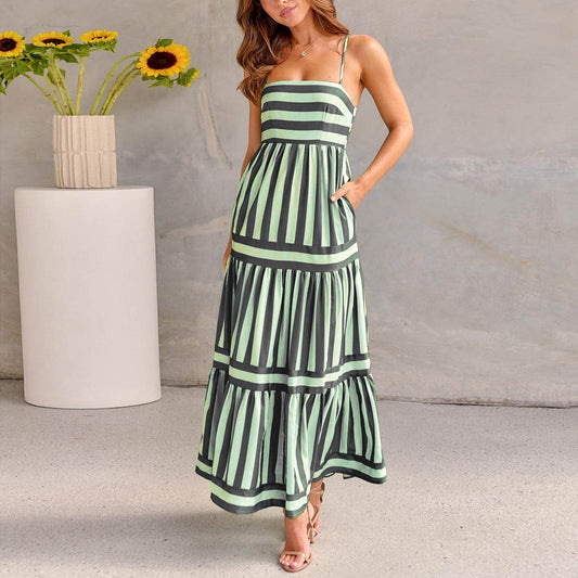 Women's Striped Suspender Long Dress – Stylish Summer Glam Look - MODISH X 