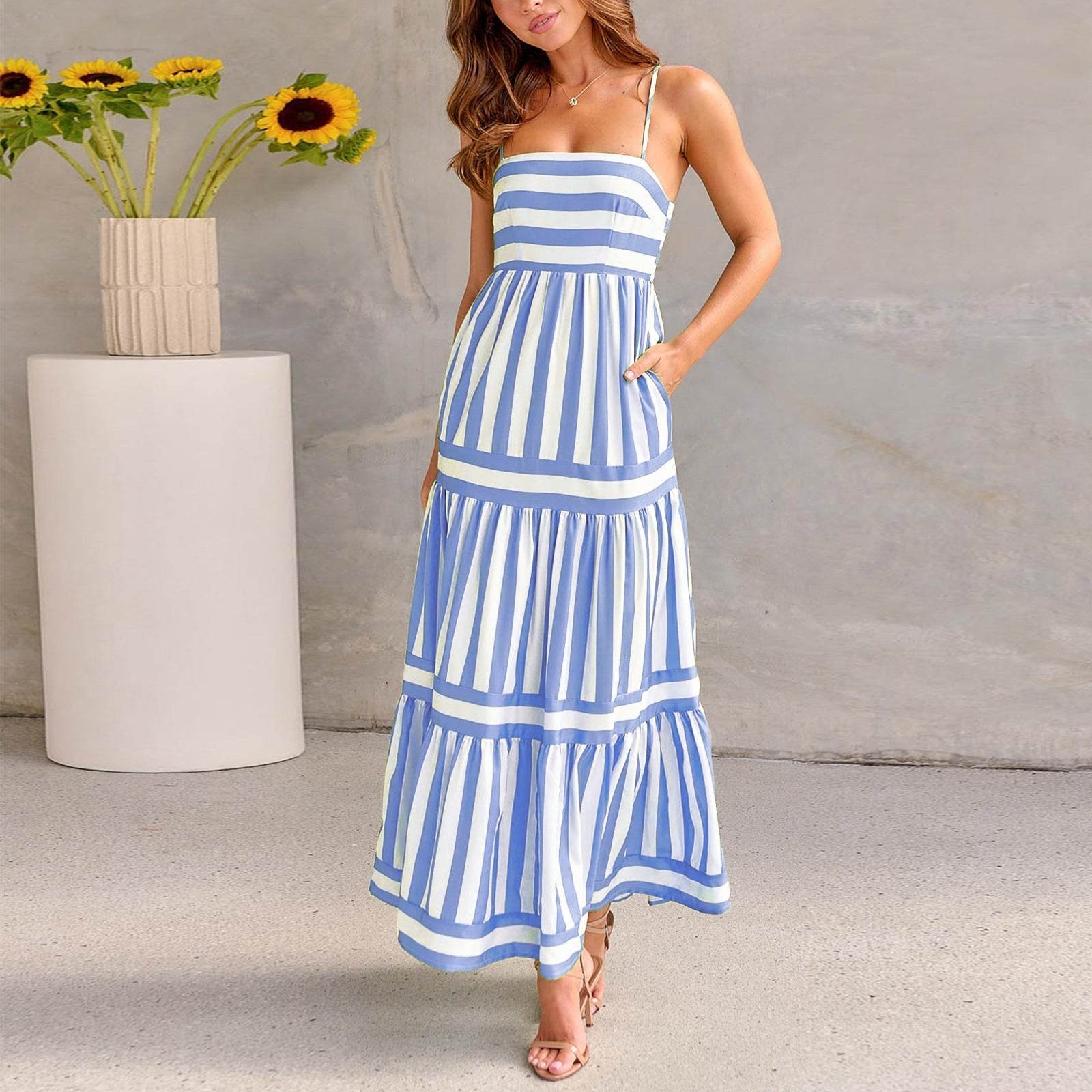 Women's Striped Suspender Long Dress – Stylish Summer Glam Look - MODISH X 